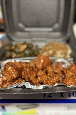 Salmon bites tossed in honey garlic w/ 2 sides only