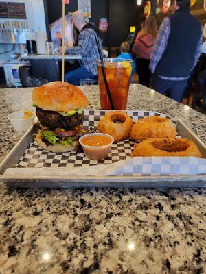 Veggie Burger, side of onion rings, Carolina Gold sauce, Iced Tea