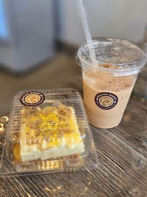 Salt egg cake and traditional milk tea was delicious.