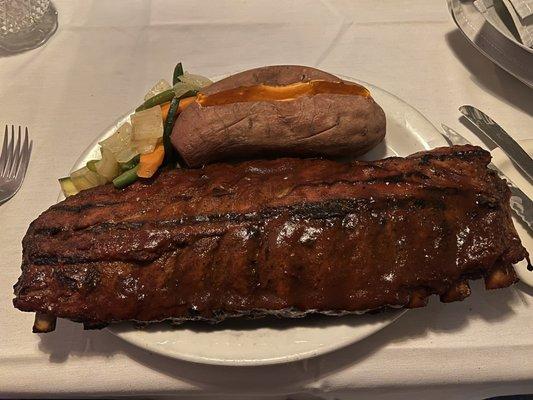 Rack of ribs, veggies, sweet potato.