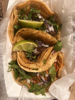 2 Regular Tacos dé Lengua (Cow Tounge) 1 Regular Tacos dé Pollo (Chicken) both with onion, cilantro and lime