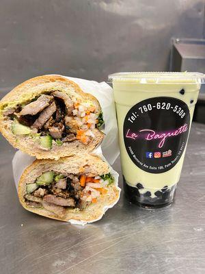 Grilled pork banh mi and avocado smoothie with boba