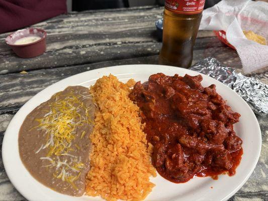 Guisado de Puerco en Salsa Roja with Rice and Beans.