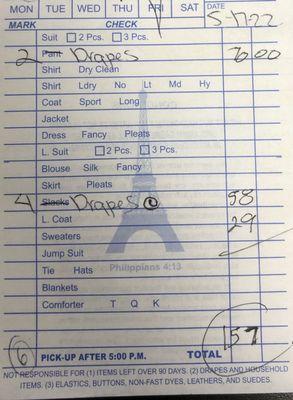 Receipt at Paris Dry Cleaners for hemming 6 curtains.