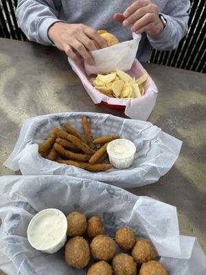 Burger fries, green bean fries, mushrooms fries, angry orchard