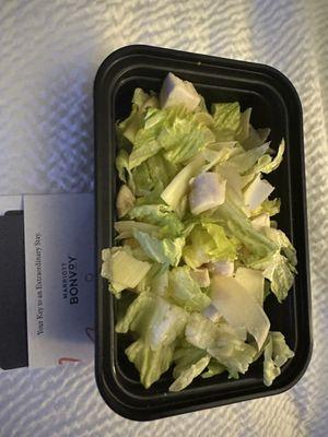 No croutons. Just a few flakes of cheese. And a whopping 6 chunks of chicken that are tiny and chewy.