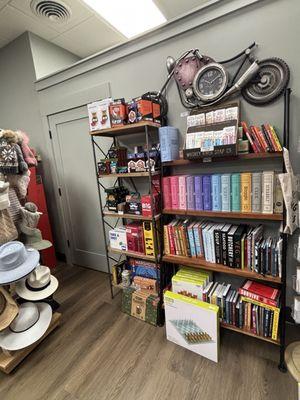 Books, board games, hats, etc.