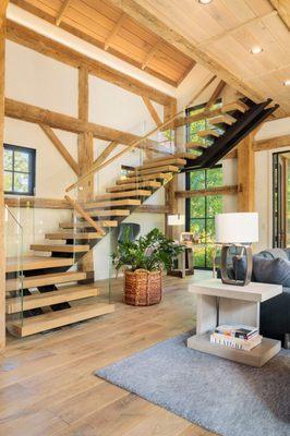 Rustic French Oak Wide Plank Flooring and Antique Hand Hewn Beams