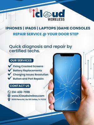 offering mobile Service repairs for iPhones, iPads, laptops, and consoles with contact info and services.