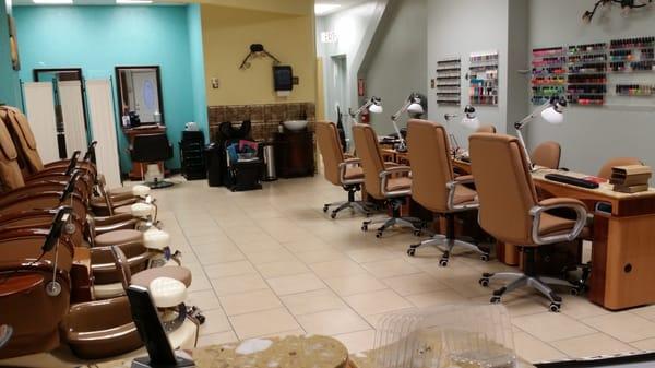 A full salon with Nails ,spa pedi, hair services,lashes ,extensions,eye brow waxing, makeup,Barber hair cut on Saturdays and mor