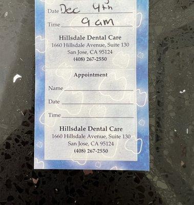 Dentist appointment card
