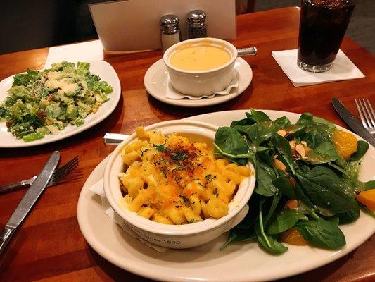 Baked Mac&cheese (amazing), lobster bisque (skip it), Caesar salad (terrible, skip!!)