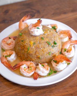 Mofongo con Camarones al Ajillo (Mashed Fried Green plantains with Garlic Shrimp)