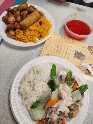 Moo Goo gai pan and sweet sour pork dinners