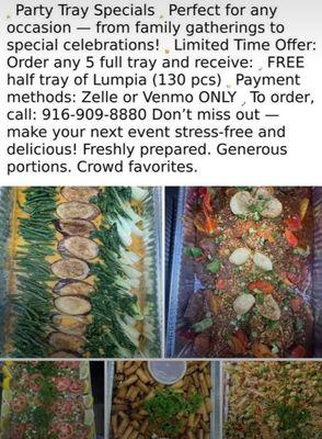 Order your 5 Full trays & get half tray of LUMPIA SHANGHAI for free! Only at FIESTA PHILIPPINES