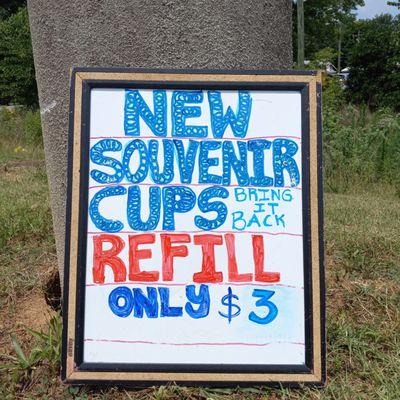Save your cup and bring it back, refill just 3 bucks!