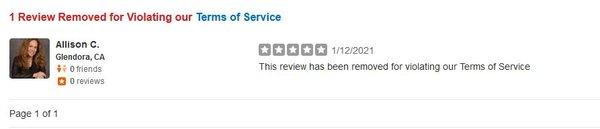 Allison violated yelp's policy by commenting on her own page and trying to improve her image.