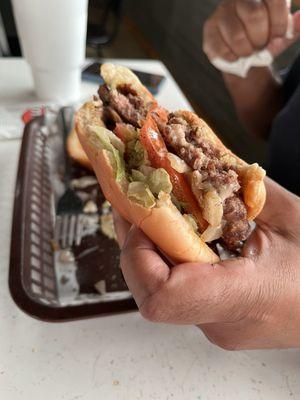 Grilled-to-order burger with mushrooms!