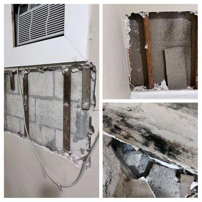 Mold damage inside wall.  We found this during a free leak detection and completed restoration.
