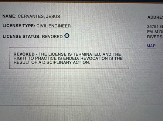 FRAUD!! DO NOT USE. Jesus with Cerza Engineering took $21K and stopped responding. License was suspended in October 2023 and revoked in Apr