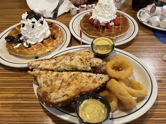 Turkey melt sandwich, Oreo and Strawberry waffles