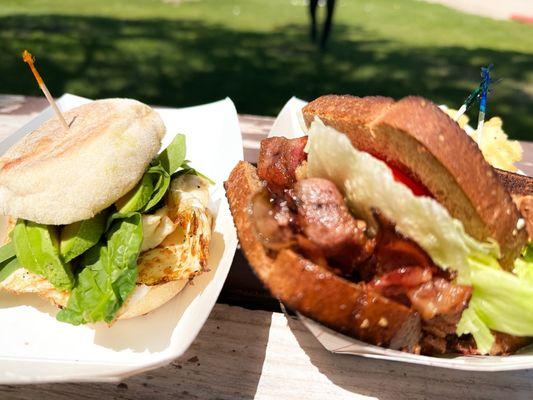 Egg white avocado spinach breakfast sandwich and BLT