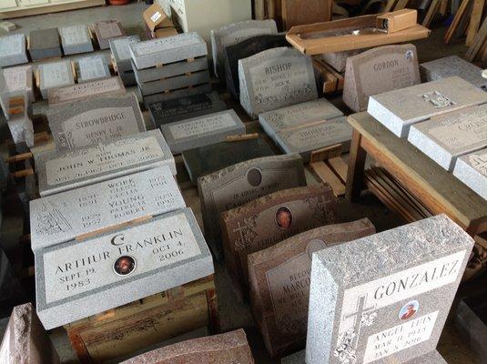 Stones in our shop, ready to go to the various cemeteries.