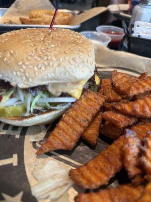 Burger with sweet potato fries
