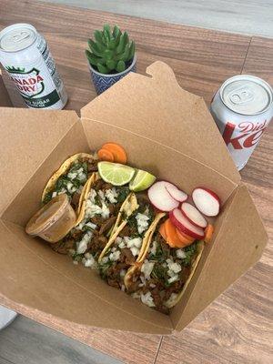 Carne Asada Tacos (4 tacos, $12) with Sodas (2.00 per can)