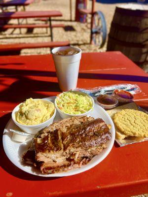 Watson's BBQ 2 Meat Plate, pork, ribs, brisket, potato salad, coleslaw, bread, cookie, and iced tea!