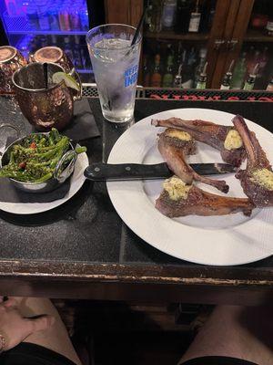 Half rack of lamb with Dijon and herb breadcrumb crust & Broccolini with a watermelon mule