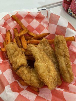Chicken tenders and sweet potato fries