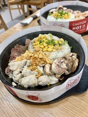 chicken, beef, mushrooms