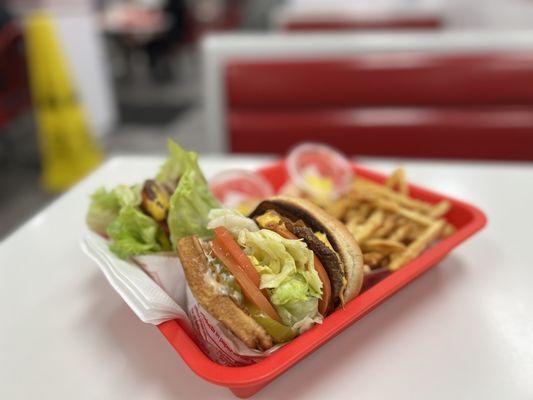 Cheeseburger, extra lettuce and tomato/ Double Double, protein style/ fries