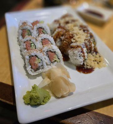 Spicy tuna roll and crab crunch roll