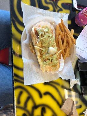 Submarino (shrimp, melted mozzarella, potato chips, sauces with a quail egg on top) mouth watering