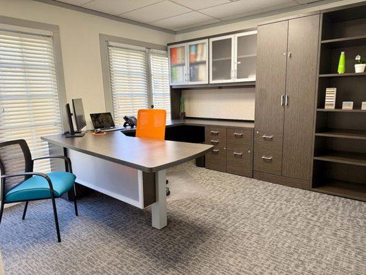 Our most premium layout: glazed modesty panel, frosted hutch doors, wardrobe, and end shelf--elegant design with everyday function.