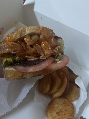 Bacon sandwich and Sam chips