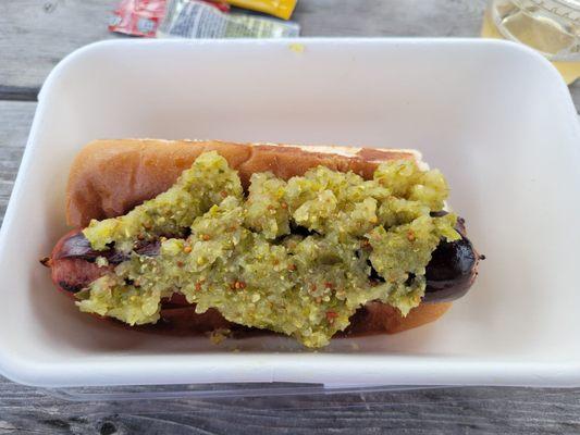 Kobe hot dog with homemade relish