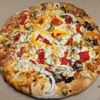 Philly Steak Pizza - Garlic Sauce, Steak, Onions, Sweet Peppers, Mushrooms & Roasted Red Peppers
