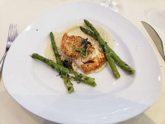Halibut with mash potato and asparagus