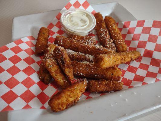 Fried Zucchini. Crunchy on the outside, tender on the inside. Perfect w/ Blue Cheese, instead of basic Ranch.