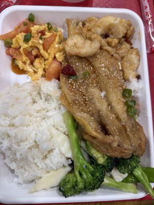 Four items with rice and a soup broth for $8.50