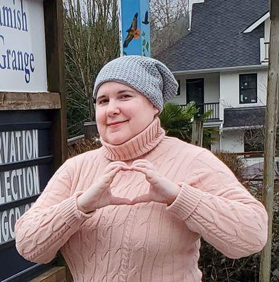 Me making a Heart Symbol with my Hands outside the Sammamish Valley Grange 286 building, after the Play