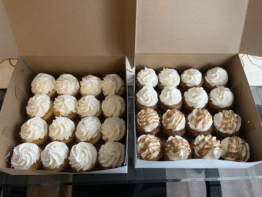 Coconut cupcakes (left) & Caramel cupcakes with & without caramel drizzle (right) -- Delicious!