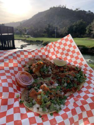 Carne asada, pollo, and pork tacos