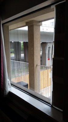 The view from my room, note the custom privacy cardboard on the right of the window. I might have paid extra for this option.