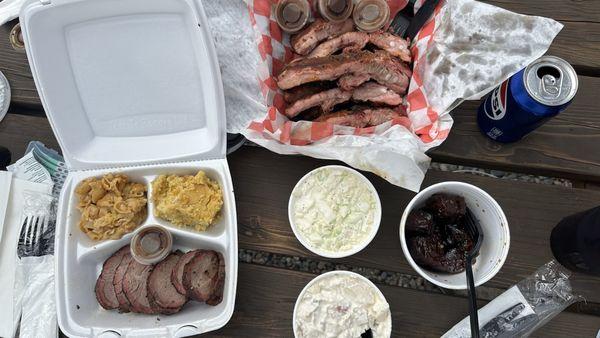 Tri-tip, pork ribs, pineapple pork belly, coleslaw, potato salad, and mac n cheese.