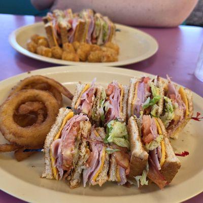 Club sandwich and onion rings