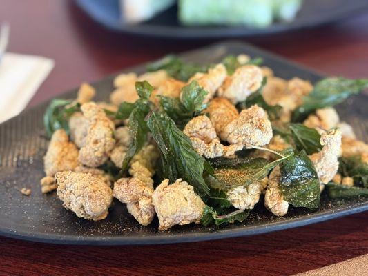 Popcorn Chicken w/Fried Basil.
